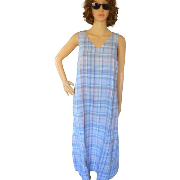 J. Jill Love Linen Size XS Maxi Dress Linen V Neck Pockets Pastel Plaid Cottage - Picture 2 of 9